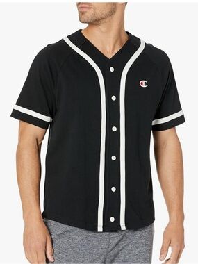 Champion Men's Black Short-Sleeve Baseball Button-Up Shirt with White Piping